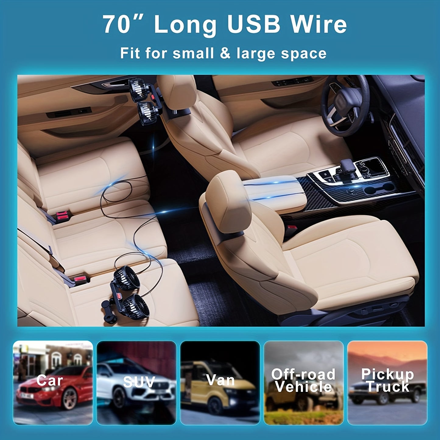 High-Power 360° Dual-Head Car Fan